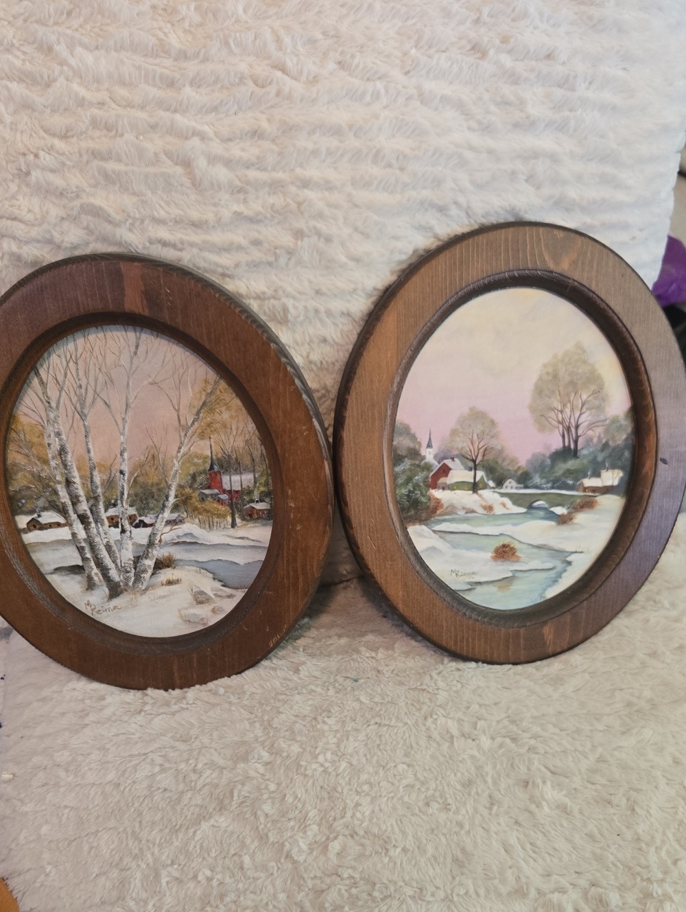 Pair of Oval Framed Winter Landscape Churches Prints By My Grandma
